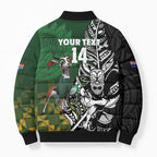New Zealand and South Africa Rugby Custom Bomber Puffer Jacket Maori Tiki Fern Springboks Kente Pattern - Aussie Hoodie