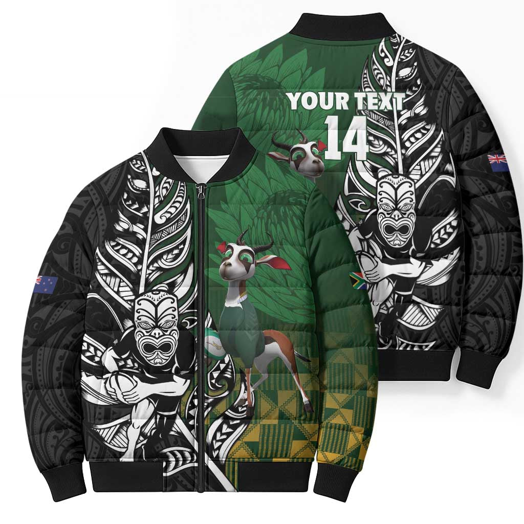 New Zealand and South Africa Rugby Custom Bomber Puffer Jacket Maori Tiki Fern Springboks Kente Pattern - Aussie Hoodie