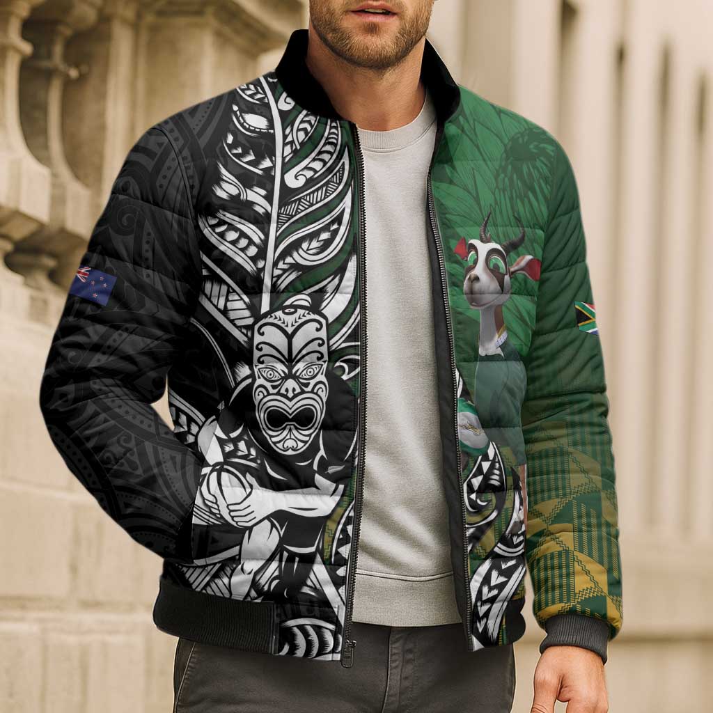 New Zealand and South Africa Rugby Custom Bomber Puffer Jacket Maori Tiki Fern Springboks Kente Pattern - Aussie Hoodie