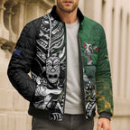New Zealand and South Africa Rugby Custom Bomber Puffer Jacket Maori Tiki Fern Springboks Kente Pattern - Aussie Hoodie