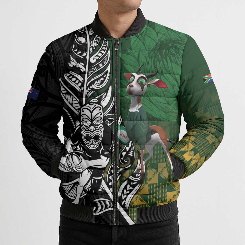 New Zealand and South Africa Rugby Custom Bomber Puffer Jacket Maori Tiki Fern Springboks Kente Pattern - Aussie Hoodie