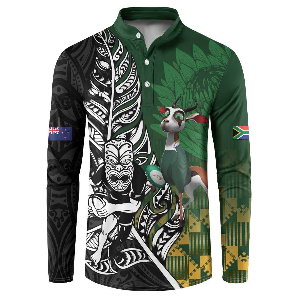 New Zealand and South Africa Rugby Custom Button Sweatshirt Maori Tiki Fern Springboks Kente Pattern - Aussie Hoodie