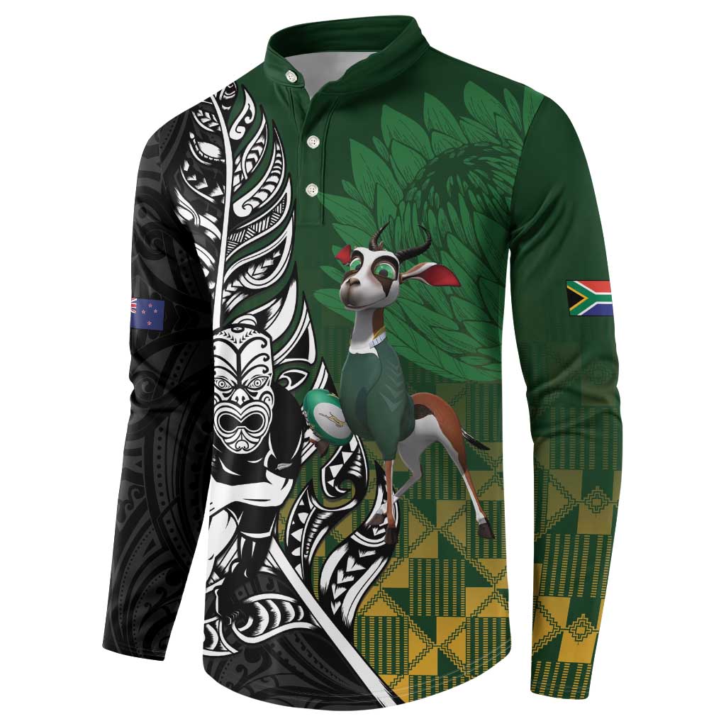 New Zealand and South Africa Rugby Custom Button Sweatshirt Maori Tiki Fern Springboks Kente Pattern - Aussie Hoodie