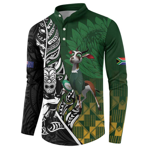 New Zealand and South Africa Rugby Custom Button Sweatshirt Maori Tiki Fern Springboks Kente Pattern - Aussie Hoodie