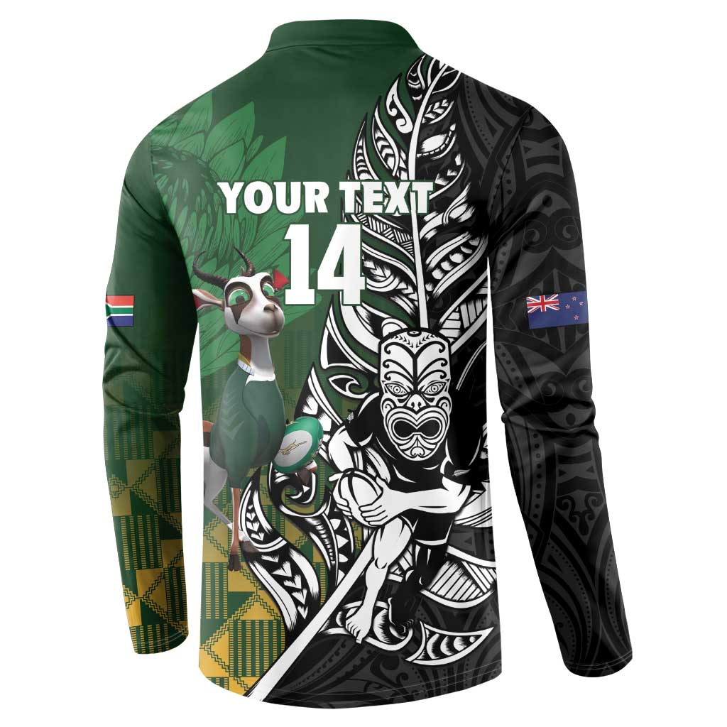 New Zealand and South Africa Rugby Custom Button Sweatshirt Maori Tiki Fern Springboks Kente Pattern - Aussie Hoodie