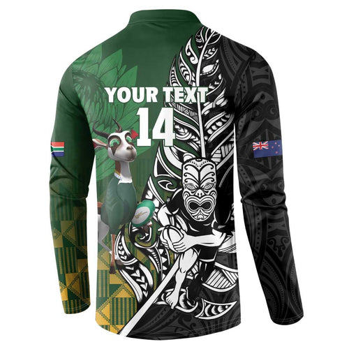 New Zealand and South Africa Rugby Custom Button Sweatshirt Maori Tiki Fern Springboks Kente Pattern - Aussie Hoodie