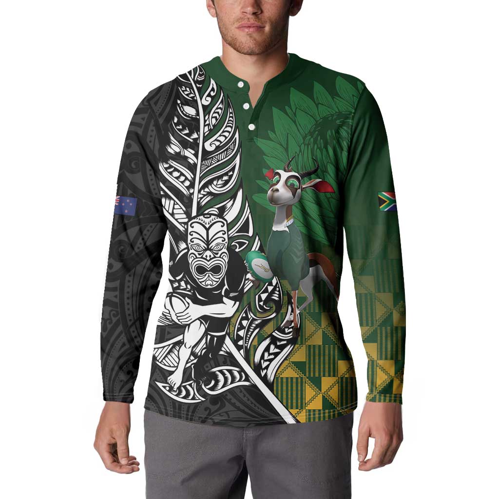 New Zealand and South Africa Rugby Custom Button Sweatshirt Maori Tiki Fern Springboks Kente Pattern - Aussie Hoodie
