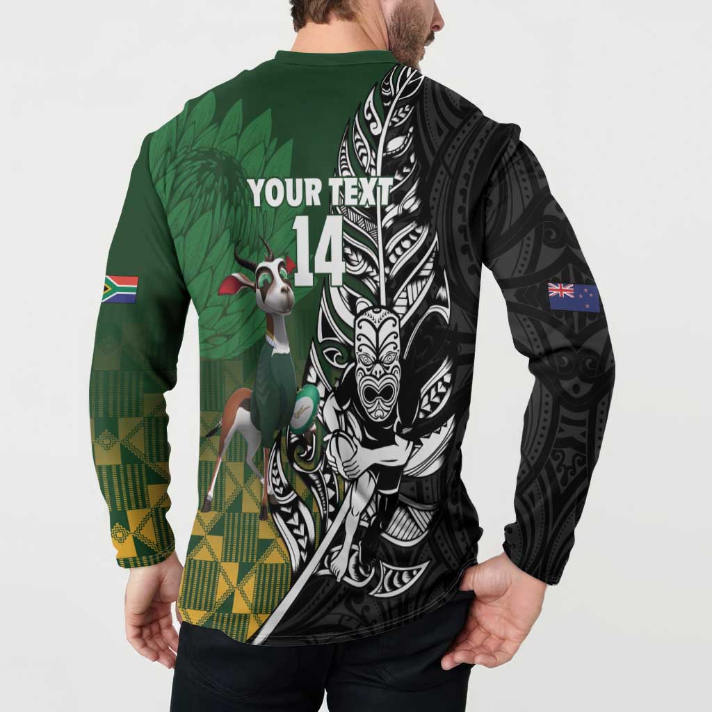 New Zealand and South Africa Rugby Custom Button Sweatshirt Maori Tiki Fern Springboks Kente Pattern - Aussie Hoodie