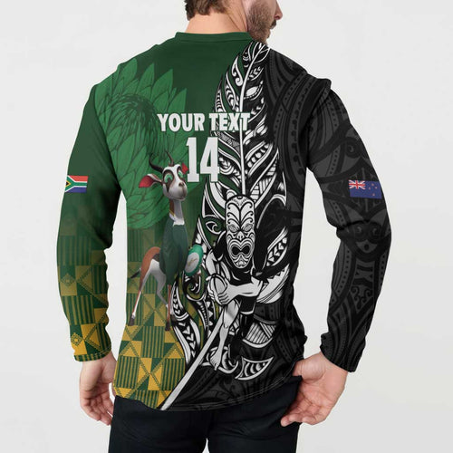 New Zealand and South Africa Rugby Custom Button Sweatshirt Maori Tiki Fern Springboks Kente Pattern - Aussie Hoodie