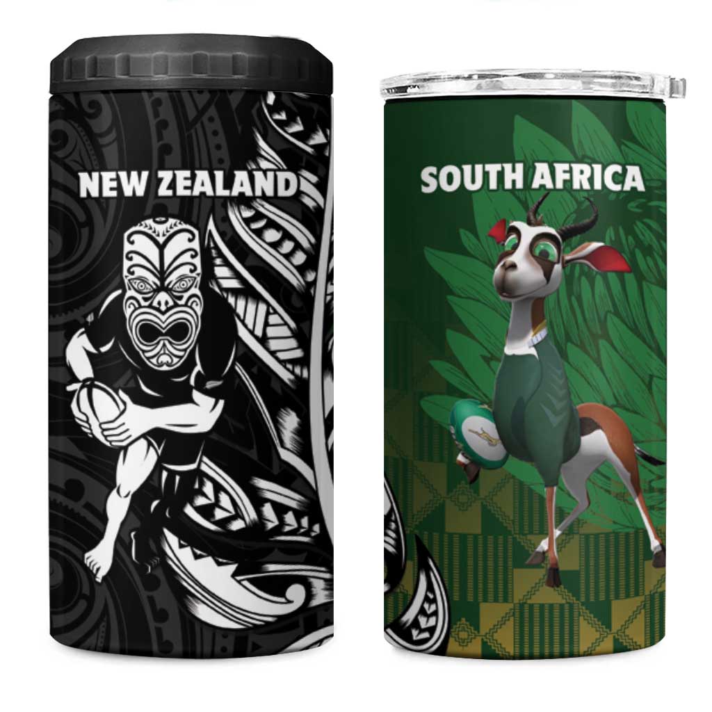 New Zealand and South Africa Rugby 4 in 1 Can Cooler Tumbler Maori Tiki Fern Springboks Kente Pattern - Aussie Hoodie