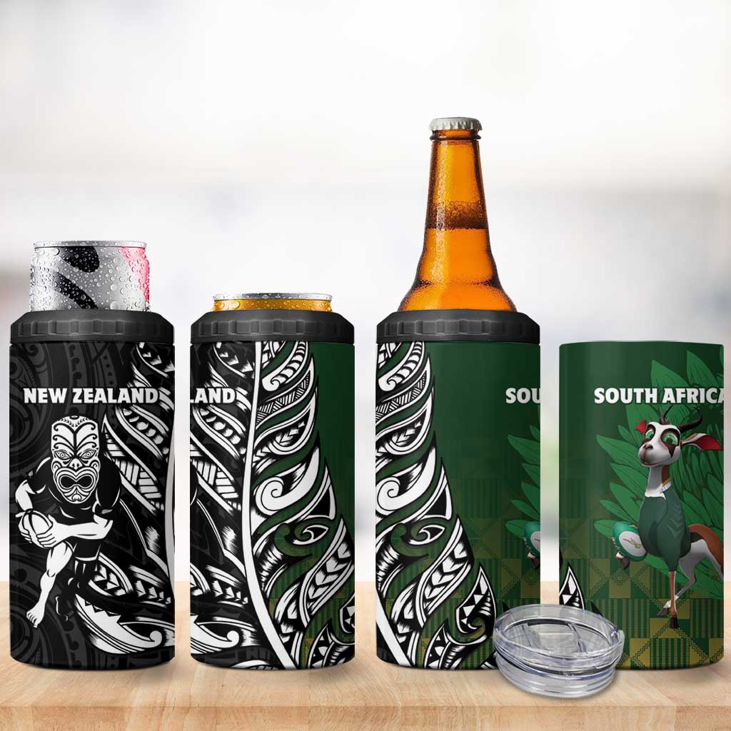 New Zealand and South Africa Rugby 4 in 1 Can Cooler Tumbler Maori Tiki Fern Springboks Kente Pattern - Aussie Hoodie