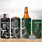New Zealand and South Africa Rugby 4 in 1 Can Cooler Tumbler Maori Tiki Fern Springboks Kente Pattern - Aussie Hoodie