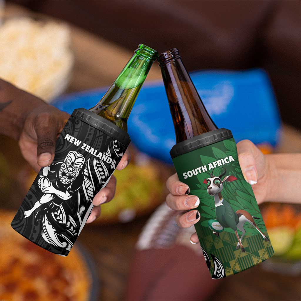 New Zealand and South Africa Rugby 4 in 1 Can Cooler Tumbler Maori Tiki Fern Springboks Kente Pattern - Aussie Hoodie