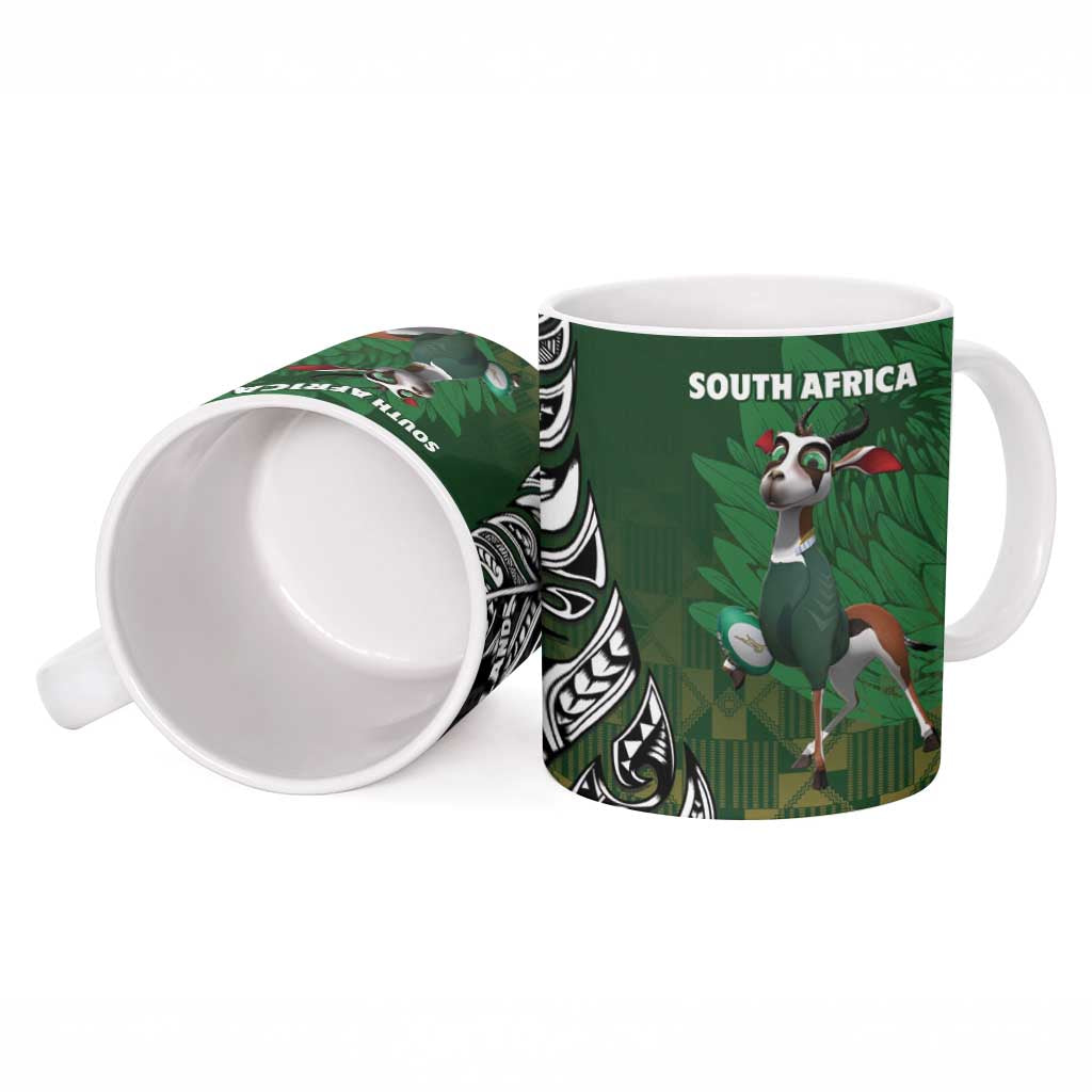 New Zealand and South Africa Rugby Ceramic Mug Maori Tiki Fern Springboks Kente Pattern - Aussie Hoodie