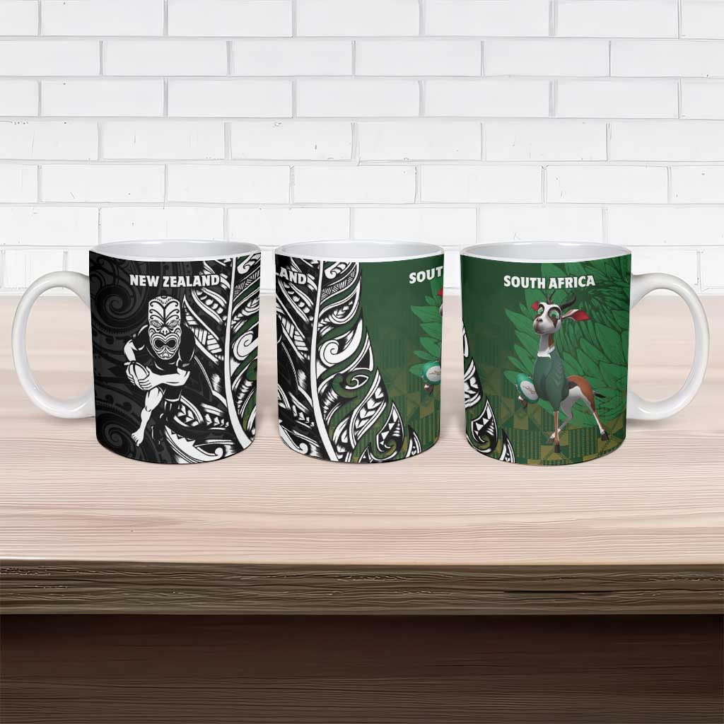 New Zealand and South Africa Rugby Ceramic Mug Maori Tiki Fern Springboks Kente Pattern - Aussie Hoodie