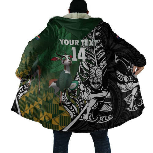 New Zealand and South Africa Rugby Custom Cloak Maori Tiki Fern Springboks Kente Pattern - Aussie Hoodie