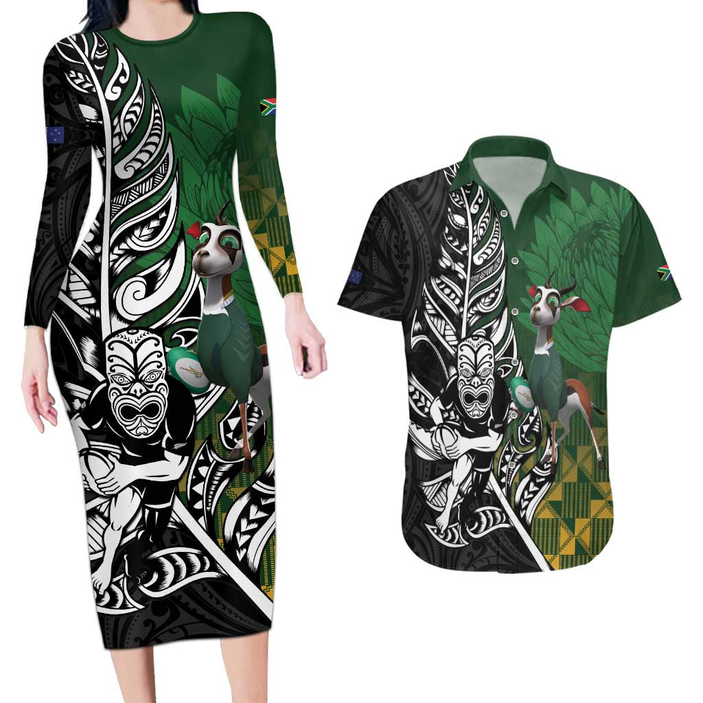 New Zealand and South Africa Rugby Custom Couples Matching Long Sleeve Bodycon Dress and Hawaiian Shirt Maori Tiki Fern Springboks Kente Pattern - Aussie Hoodie