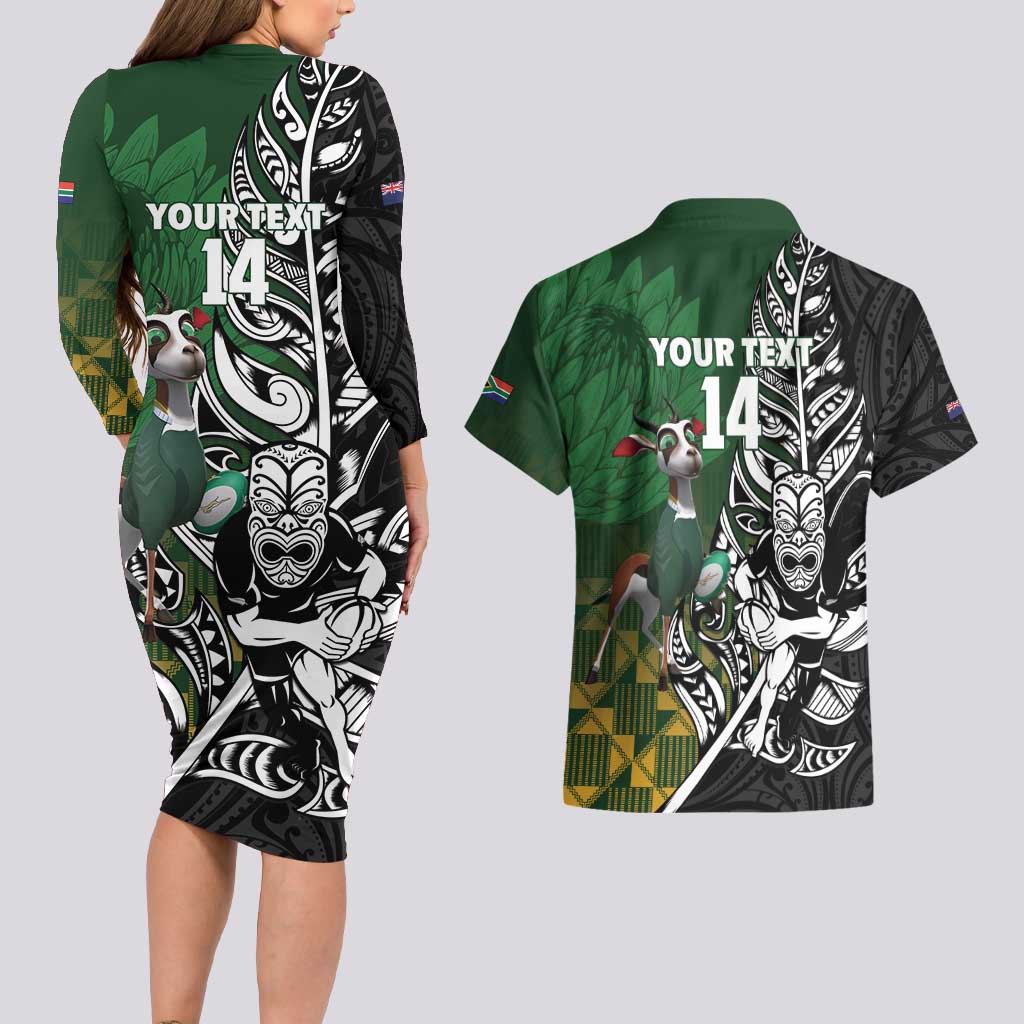 New Zealand and South Africa Rugby Custom Couples Matching Long Sleeve Bodycon Dress and Hawaiian Shirt Maori Tiki Fern Springboks Kente Pattern - Aussie Hoodie