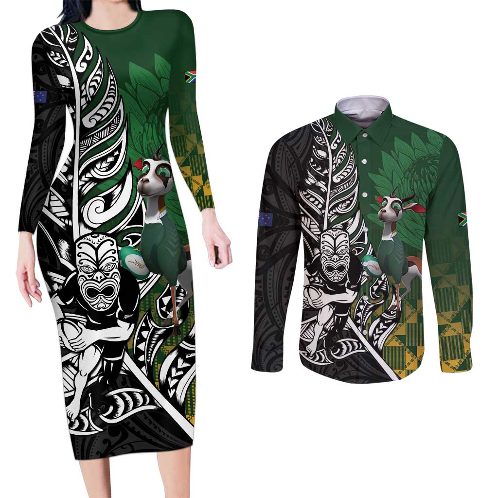 New Zealand and South Africa Rugby Custom Couples Matching Long Sleeve Bodycon Dress and Long Sleeve Button Shirt Maori Tiki Fern Springboks Kente Pattern - Aussie Hoodie