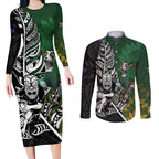 New Zealand and South Africa Rugby Custom Couples Matching Long Sleeve Bodycon Dress and Long Sleeve Button Shirt Maori Tiki Fern Springboks Kente Pattern - Aussie Hoodie