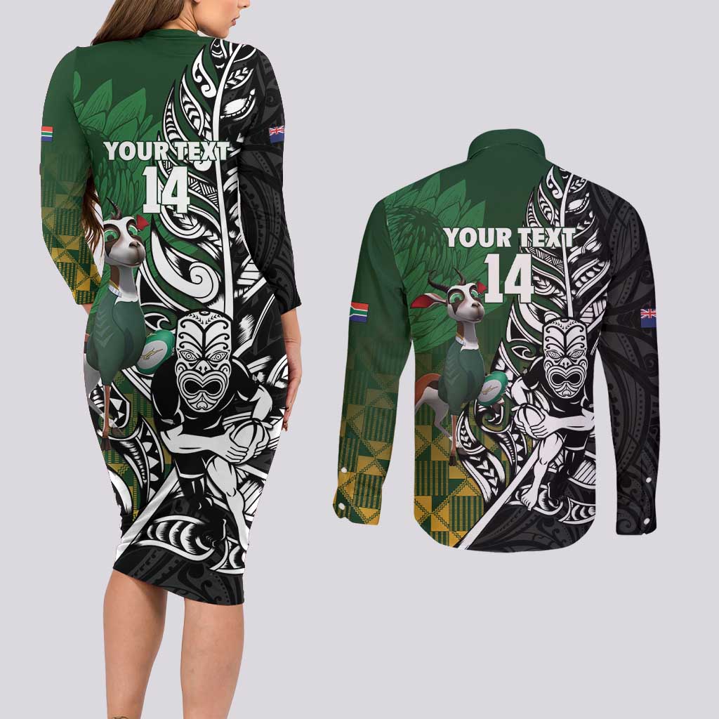 New Zealand and South Africa Rugby Custom Couples Matching Long Sleeve Bodycon Dress and Long Sleeve Button Shirt Maori Tiki Fern Springboks Kente Pattern - Aussie Hoodie