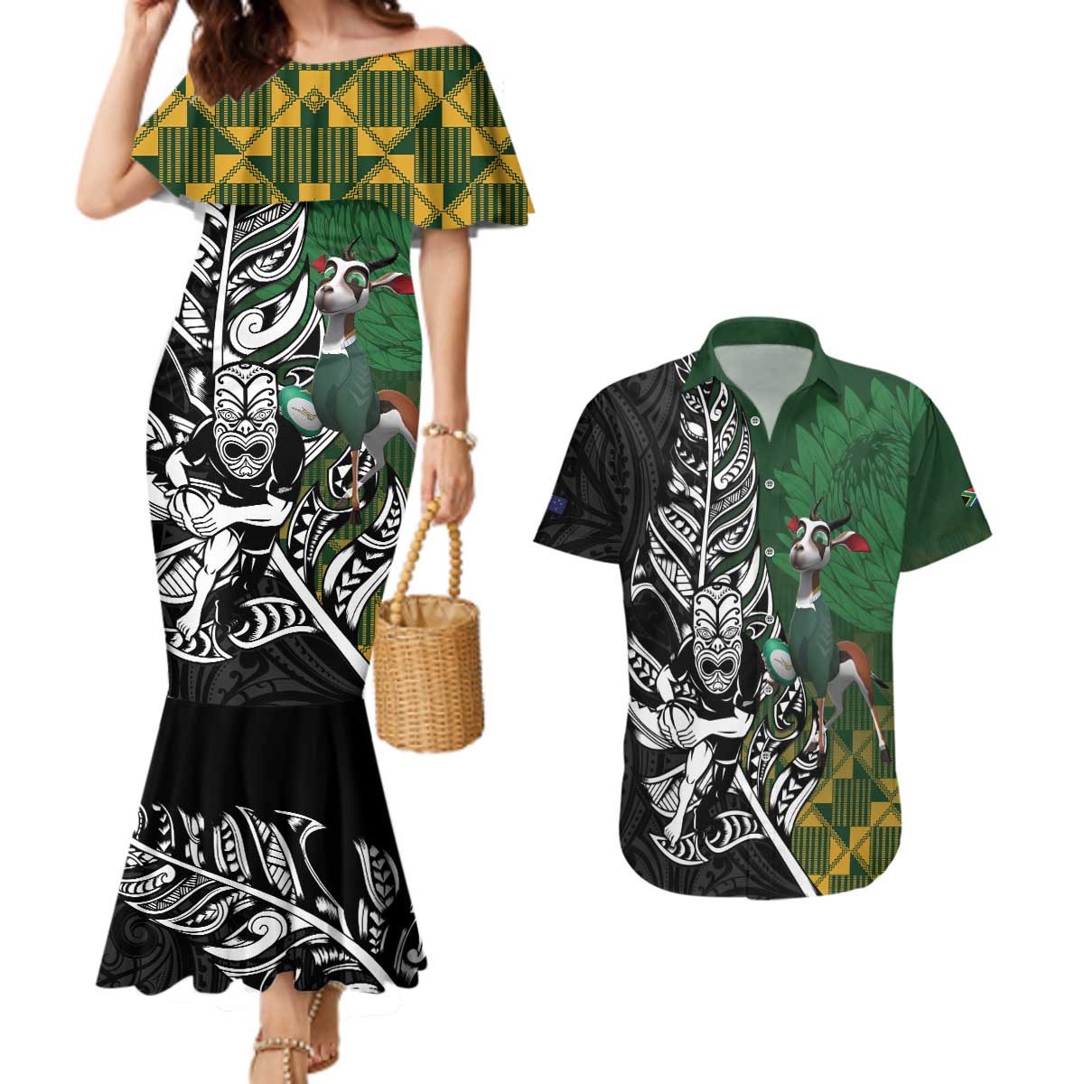 New Zealand and South Africa Rugby Custom Couples Matching Mermaid Dress and Hawaiian Shirt Maori Tiki Fern Springboks Kente Pattern - Aussie Hoodie