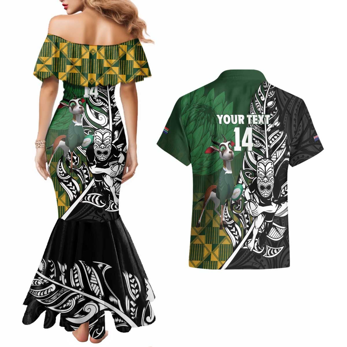 New Zealand and South Africa Rugby Custom Couples Matching Mermaid Dress and Hawaiian Shirt Maori Tiki Fern Springboks Kente Pattern - Aussie Hoodie