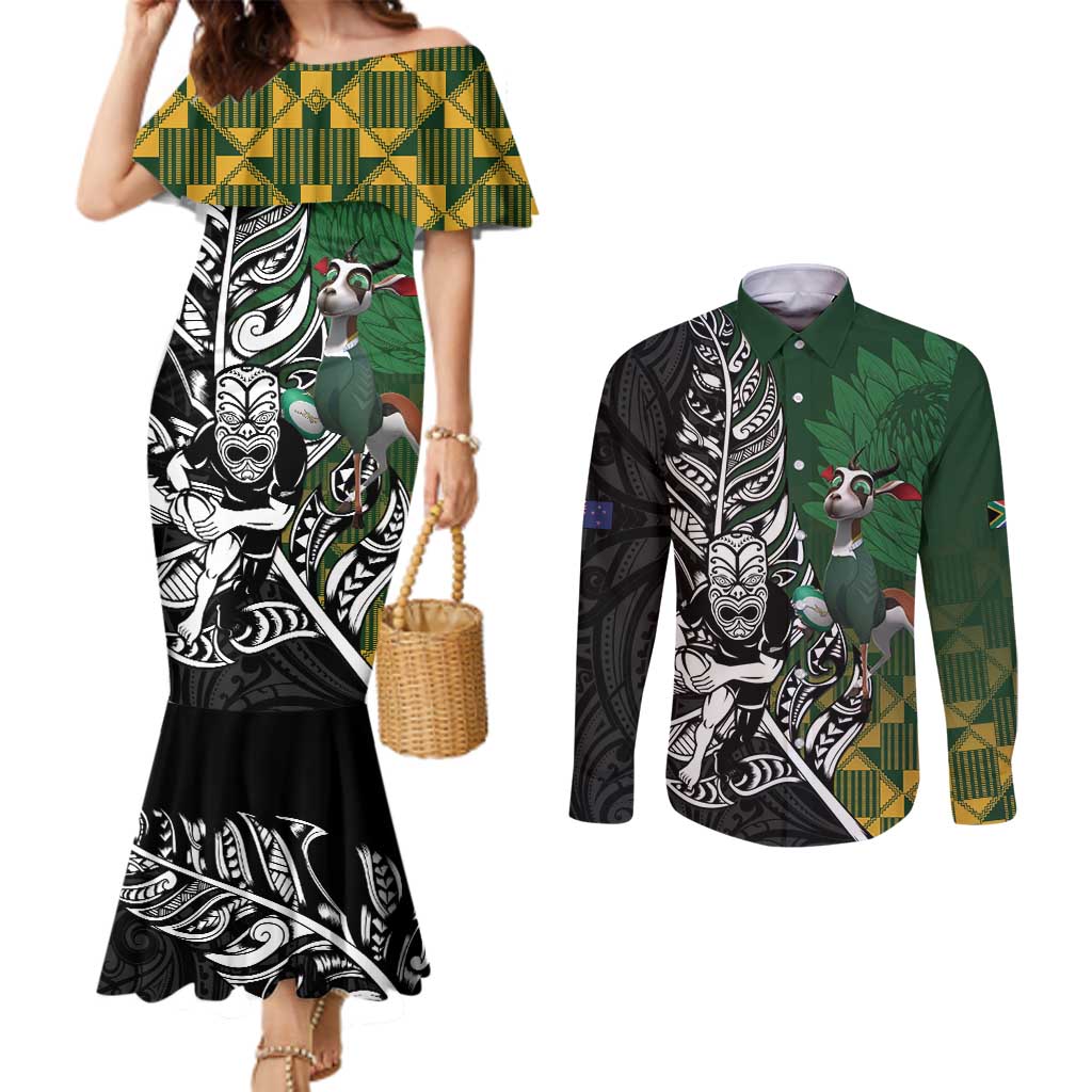 New Zealand and South Africa Rugby Custom Couples Matching Mermaid Dress and Long Sleeve Button Shirt Maori Tiki Fern Springboks Kente Pattern - Aussie Hoodie