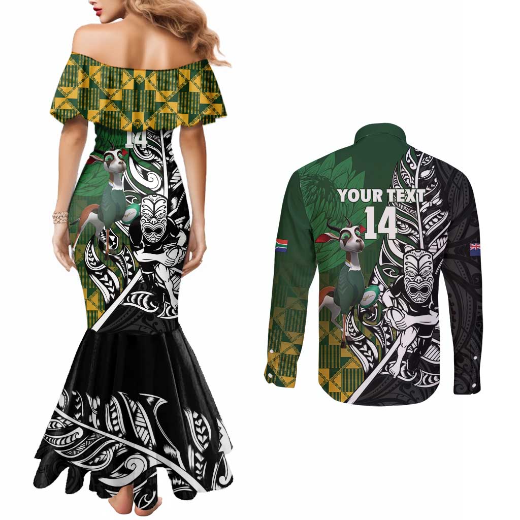 New Zealand and South Africa Rugby Custom Couples Matching Mermaid Dress and Long Sleeve Button Shirt Maori Tiki Fern Springboks Kente Pattern - Aussie Hoodie