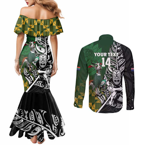 New Zealand and South Africa Rugby Custom Couples Matching Mermaid Dress and Long Sleeve Button Shirt Maori Tiki Fern Springboks Kente Pattern - Aussie Hoodie