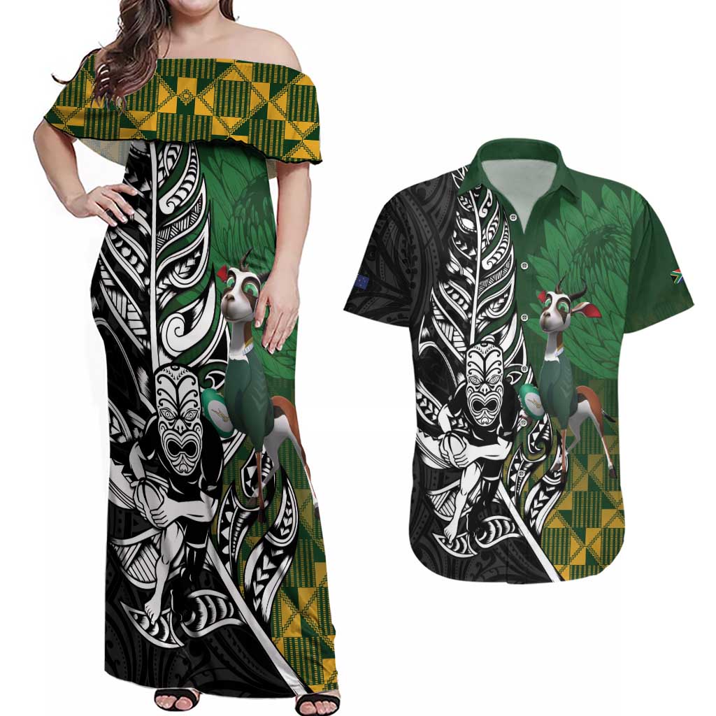 New Zealand and South Africa Rugby Custom Couples Matching Off Shoulder Maxi Dress and Hawaiian Shirt Maori Tiki Fern Springboks Kente Pattern - Aussie Hoodie