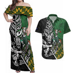 New Zealand and South Africa Rugby Custom Couples Matching Off Shoulder Maxi Dress and Hawaiian Shirt Maori Tiki Fern Springboks Kente Pattern - Aussie Hoodie