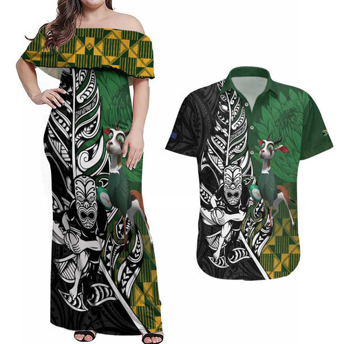 New Zealand and South Africa Rugby Custom Couples Matching Off Shoulder Maxi Dress and Hawaiian Shirt Maori Tiki Fern Springboks Kente Pattern - Aussie Hoodie