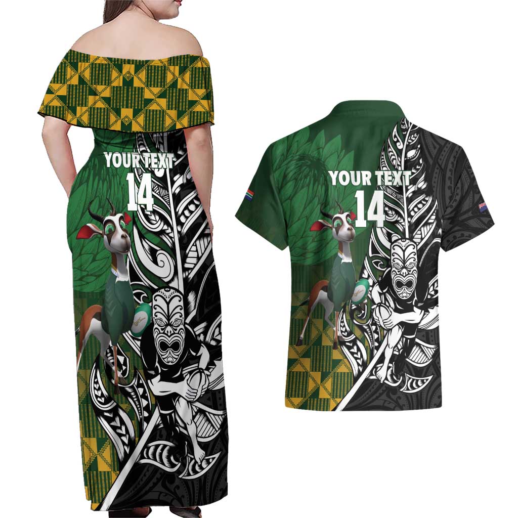 New Zealand and South Africa Rugby Custom Couples Matching Off Shoulder Maxi Dress and Hawaiian Shirt Maori Tiki Fern Springboks Kente Pattern - Aussie Hoodie