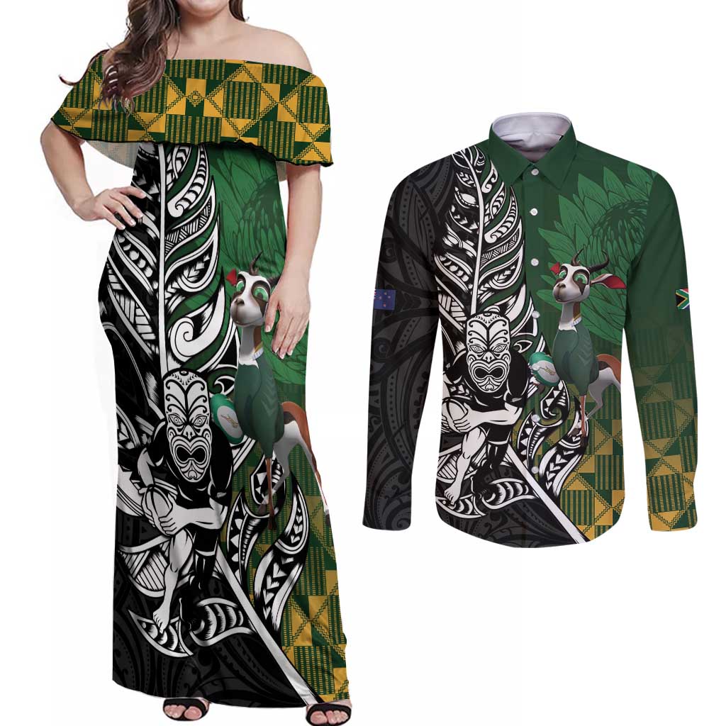 New Zealand and South Africa Rugby Custom Couples Matching Off Shoulder Maxi Dress and Long Sleeve Button Shirt Maori Tiki Fern Springboks Kente Pattern - Aussie Hoodie