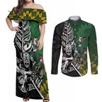 New Zealand and South Africa Rugby Custom Couples Matching Off Shoulder Maxi Dress and Long Sleeve Button Shirt Maori Tiki Fern Springboks Kente Pattern - Aussie Hoodie