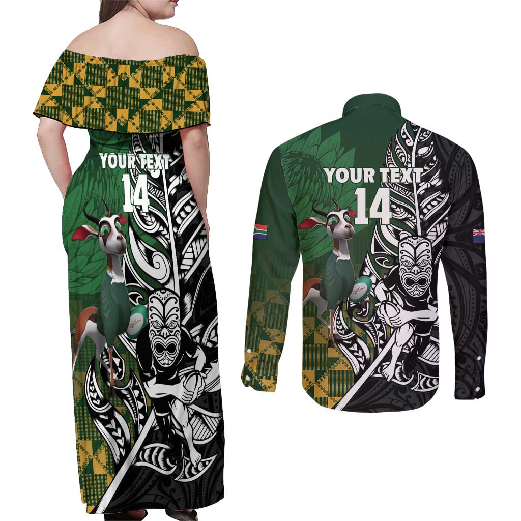 New Zealand and South Africa Rugby Custom Couples Matching Off Shoulder Maxi Dress and Long Sleeve Button Shirt Maori Tiki Fern Springboks Kente Pattern - Aussie Hoodie