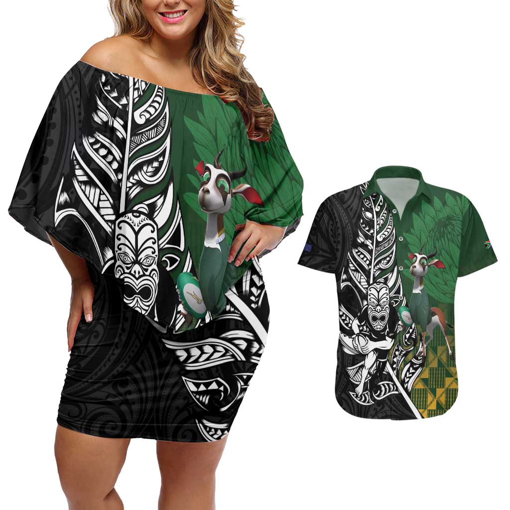 New Zealand and South Africa Rugby Custom Couples Matching Off Shoulder Short Dress and Hawaiian Shirt Maori Tiki Fern Springboks Kente Pattern - Aussie Hoodie