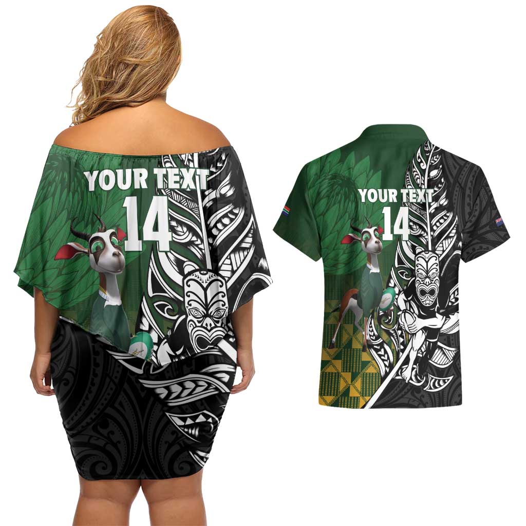 New Zealand and South Africa Rugby Custom Couples Matching Off Shoulder Short Dress and Hawaiian Shirt Maori Tiki Fern Springboks Kente Pattern - Aussie Hoodie