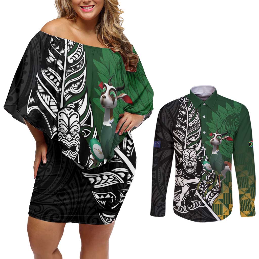 New Zealand and South Africa Rugby Custom Couples Matching Off Shoulder Short Dress and Long Sleeve Button Shirt Maori Tiki Fern Springboks Kente Pattern - Aussie Hoodie
