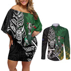 New Zealand and South Africa Rugby Custom Couples Matching Off Shoulder Short Dress and Long Sleeve Button Shirt Maori Tiki Fern Springboks Kente Pattern - Aussie Hoodie