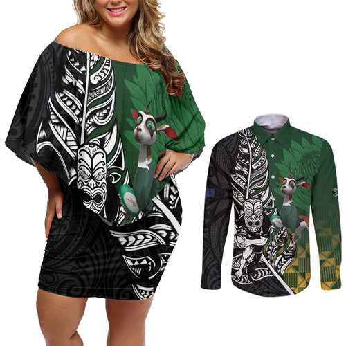 New Zealand and South Africa Rugby Custom Couples Matching Off Shoulder Short Dress and Long Sleeve Button Shirt Maori Tiki Fern Springboks Kente Pattern - Aussie Hoodie