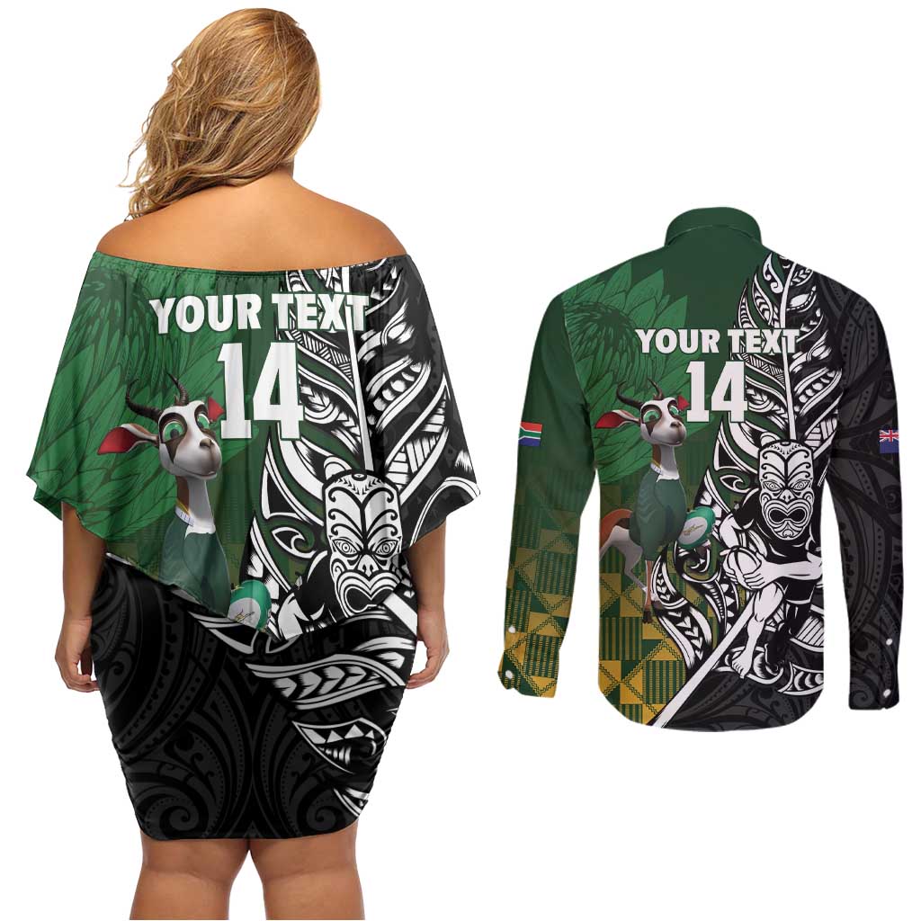 New Zealand and South Africa Rugby Custom Couples Matching Off Shoulder Short Dress and Long Sleeve Button Shirt Maori Tiki Fern Springboks Kente Pattern - Aussie Hoodie