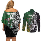 New Zealand and South Africa Rugby Custom Couples Matching Off Shoulder Short Dress and Long Sleeve Button Shirt Maori Tiki Fern Springboks Kente Pattern - Aussie Hoodie