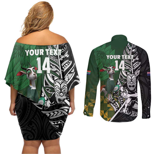 New Zealand and South Africa Rugby Custom Couples Matching Off Shoulder Short Dress and Long Sleeve Button Shirt Maori Tiki Fern Springboks Kente Pattern - Aussie Hoodie