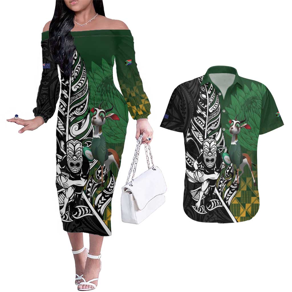 New Zealand and South Africa Rugby Custom Couples Matching Off The Shoulder Long Sleeve Dress and Hawaiian Shirt Maori Tiki Fern Springboks Kente Pattern - Aussie Hoodie