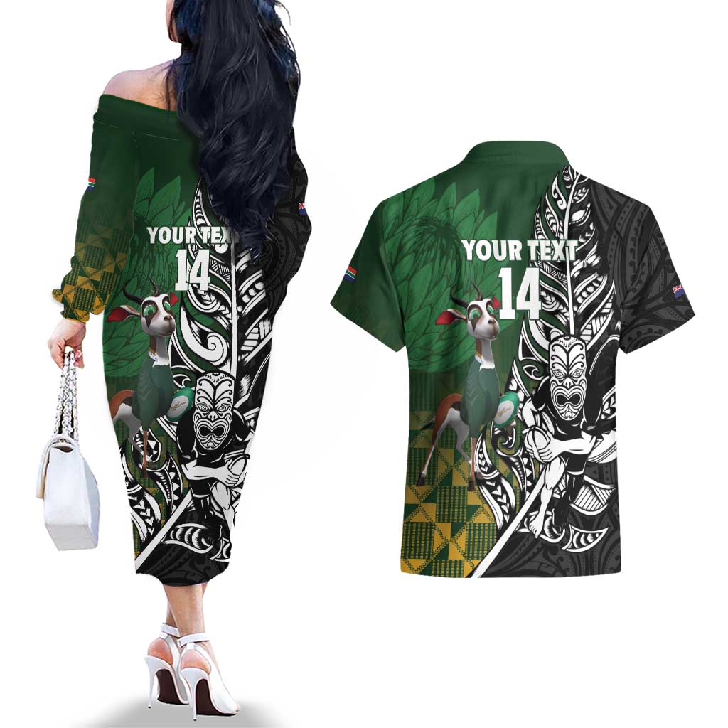 New Zealand and South Africa Rugby Custom Couples Matching Off The Shoulder Long Sleeve Dress and Hawaiian Shirt Maori Tiki Fern Springboks Kente Pattern - Aussie Hoodie