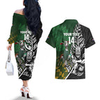 New Zealand and South Africa Rugby Custom Couples Matching Off The Shoulder Long Sleeve Dress and Hawaiian Shirt Maori Tiki Fern Springboks Kente Pattern - Aussie Hoodie