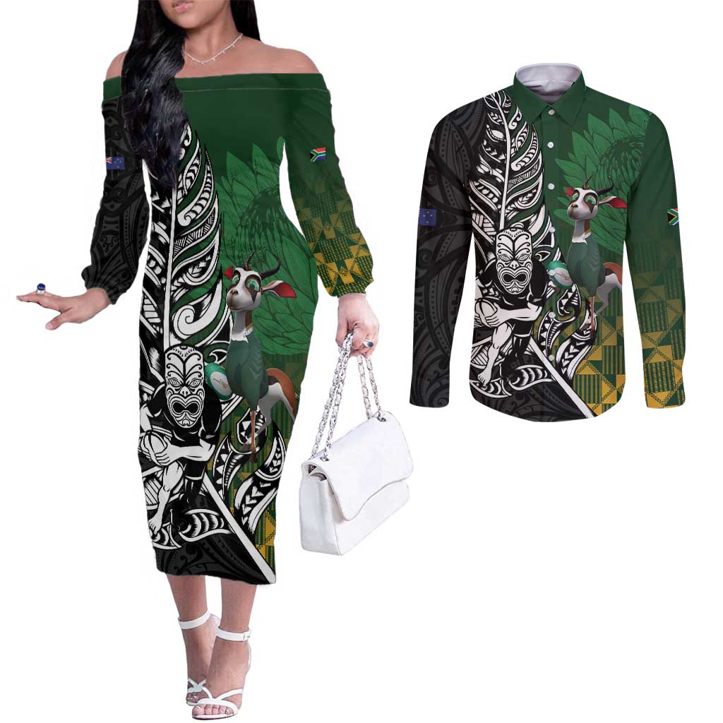 New Zealand and South Africa Rugby Custom Couples Matching Off The Shoulder Long Sleeve Dress and Long Sleeve Button Shirt Maori Tiki Fern Springboks Kente Pattern - Aussie Hoodie