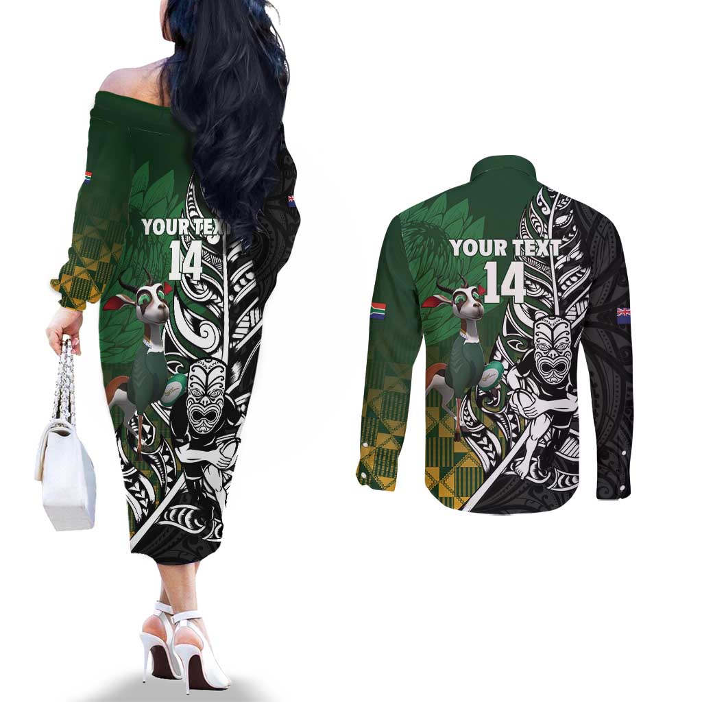 New Zealand and South Africa Rugby Custom Couples Matching Off The Shoulder Long Sleeve Dress and Long Sleeve Button Shirt Maori Tiki Fern Springboks Kente Pattern - Aussie Hoodie